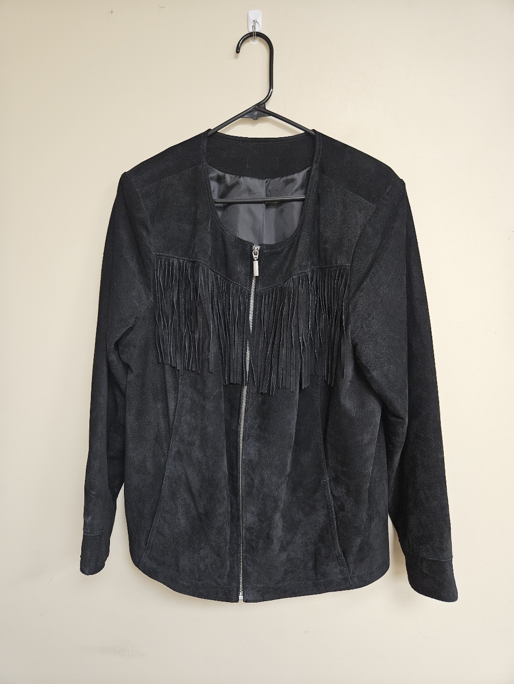 Suede Leather Fringe Western Black Zip Up Jacket